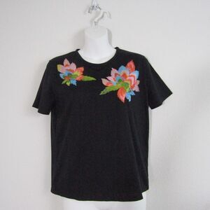 Natori Women's T-shirt XS Black Casula Floral Embroidered Boho Baby Tee Supima